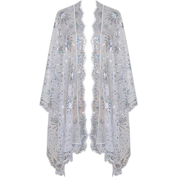 Accessories - Boho Silver Star Lace Sheer Sequin‎ Embellished Wedding Bridal Shawl Wrap Scarf